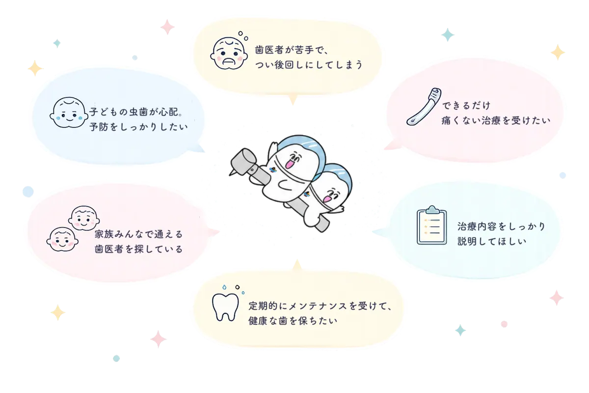 歯医者が苦手、子どもの虫歯が心配、できるだけ痛くない治療を受けたいなどのお悩み