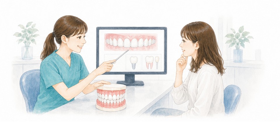 モニターや模型を使って治療方法を説明するイラスト