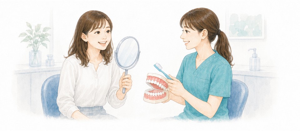 鏡を見ながら治療後の仕上がりを確認するイラスト