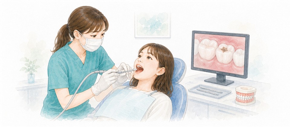 虫歯を取り除いて歯を修復する治療のイラスト