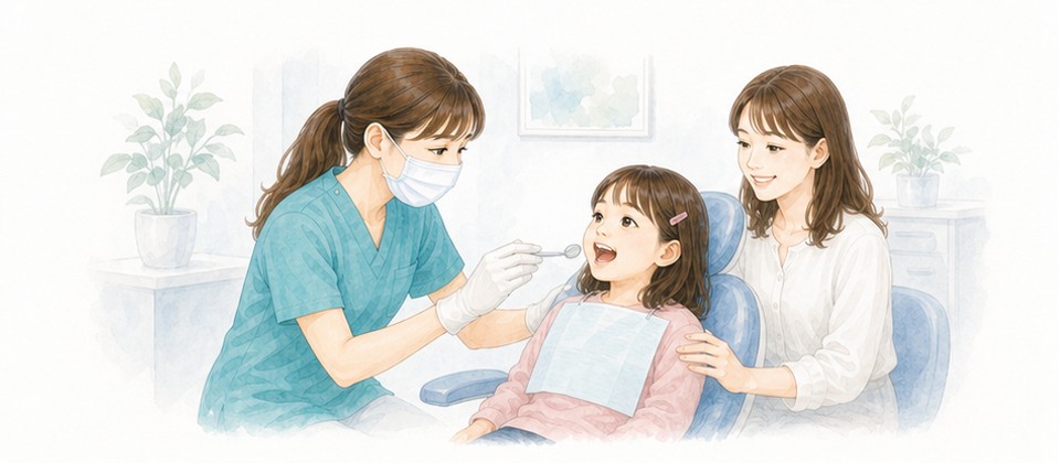 保護者と一緒にお子さまのお口を確認するイラスト