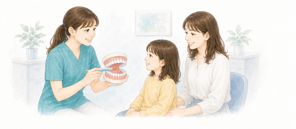 お子さまと保護者へ定期的なケアを説明するイラスト
