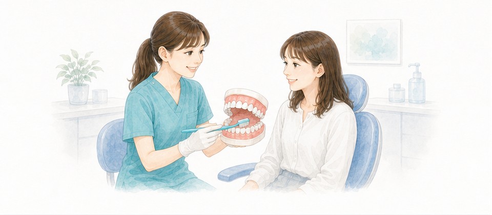 歯の模型を使って歯みがき方法を説明するイラスト